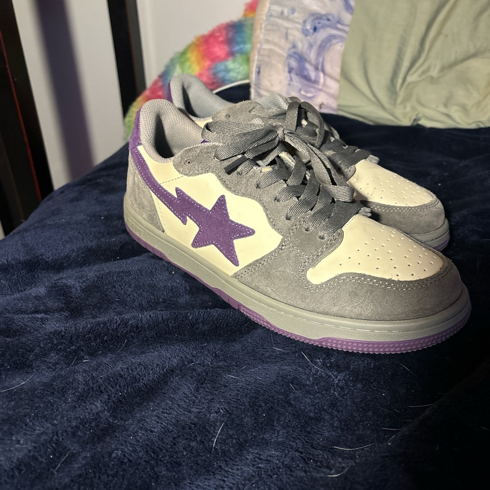 Gray and purple bape shoes